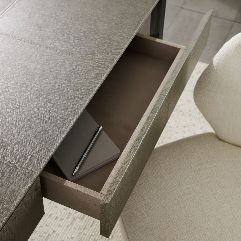 Additional view of Apollo Desk in charcoal and taupe, featuring matte finish and two full-width drawers.