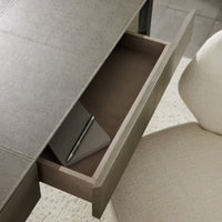 Additional view of Apollo Desk in charcoal and taupe, featuring matte finish and two full-width drawers.