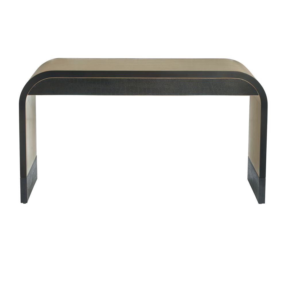 Rochefort Waterfall Desk, shown in light oak and charcoal with wood, wood veneer, and integrated multi-drawer storage.