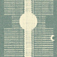 Inyanga, shown in teal and terracotta brown with paper, linen, and pattern repeat 22.5 inches.