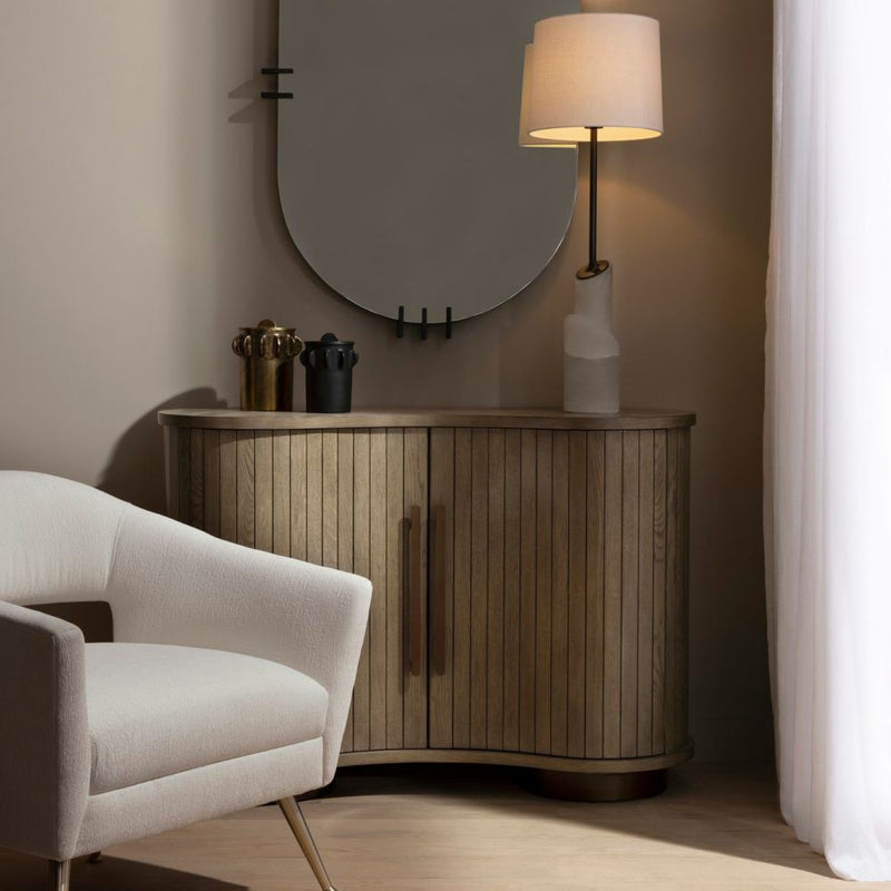 Alternate view of Mabel Cabinet, featuring wood, metal, and two-door cabinet storage.