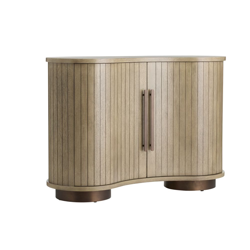 Additional view of Mabel Cabinet in light oak beige and warm taupe, featuring two-door cabinet storage.