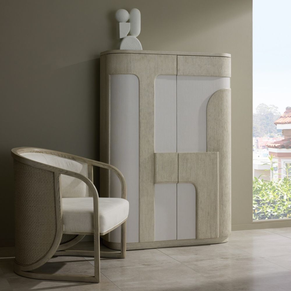 Alternate view of Zayla Cabinet in light oak / bleached wood and off-white.