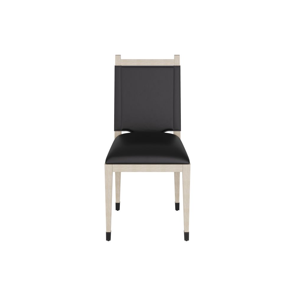 Thistlewood Dining Chair, shown in black and light beige with leather, wood, and fixed four-leg base.