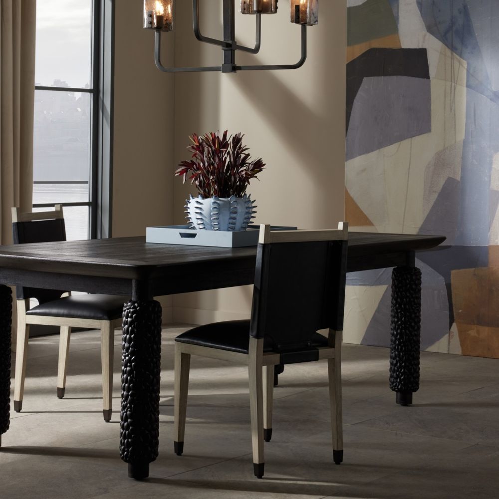 Alternate view of Thistlewood Dining Chair, featuring leather, wood, and fixed four-leg base.