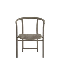 Balint Outdoor Dining Chair, shown in taupe gray and warm gray with rope, metal, and fixed continuous arms.