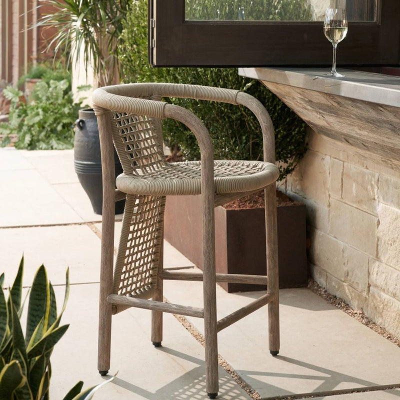 Alternate view of Harlan Outdoor Counter Stool, featuring matte finish, wood, woven rope, and fixed continuous arms.