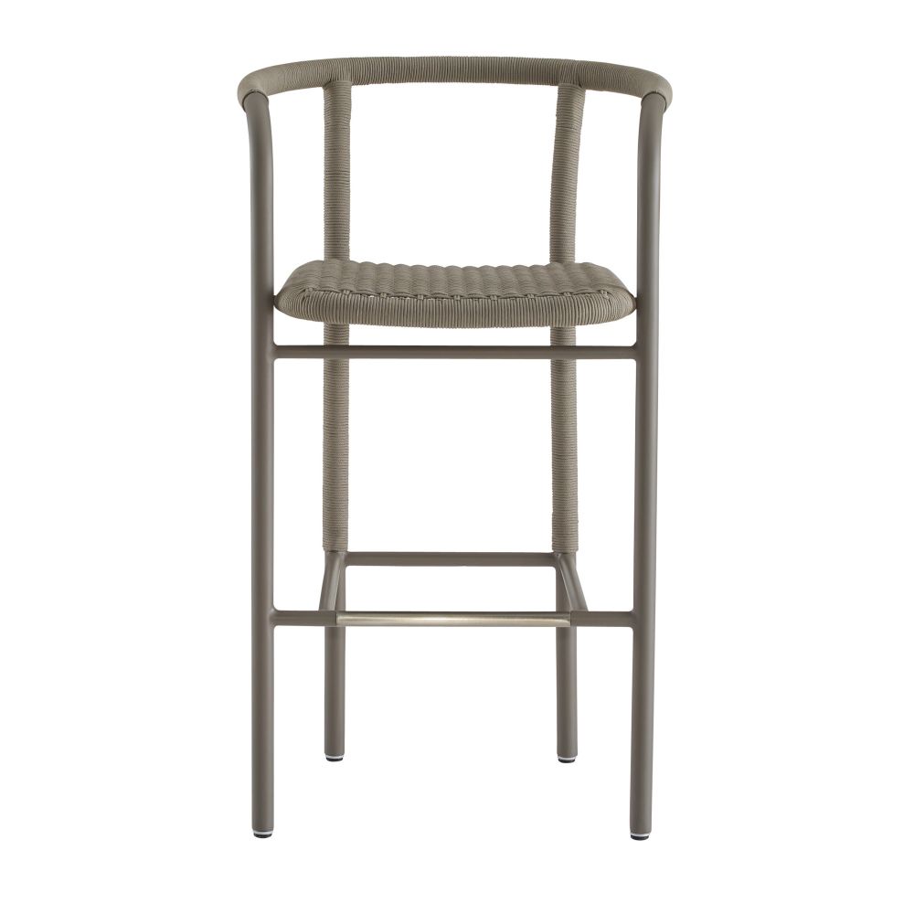 Balint Outdoor Bar Stool, shown in taupe gray and warm gray with powder-coated metal and woven rope.