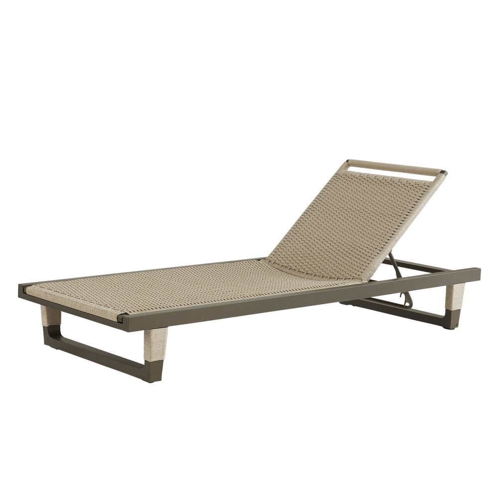 Truett Outdoor Chaise, shown in beige and taupe with woven rope, metal, and adjustable reclining backrest.