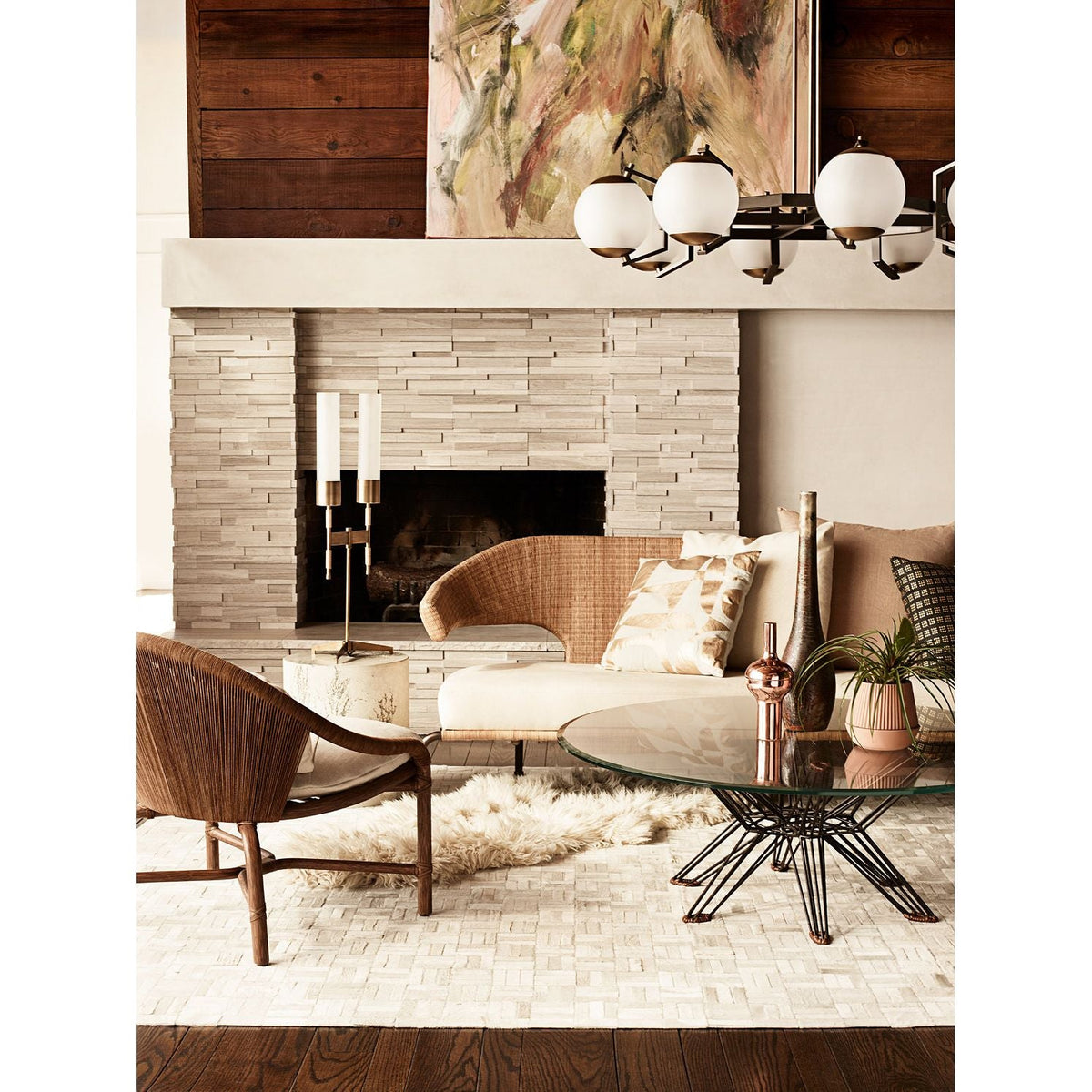 Alternate view of Tomales Table Lamp, featuring brushed metal finish, brass, frosted glass, and dual upright light sources.