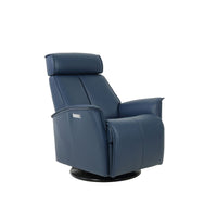 Venice Small Power Relaxer, shown in blue and charcoal gray with leather, metal, and power recline controls on arm.