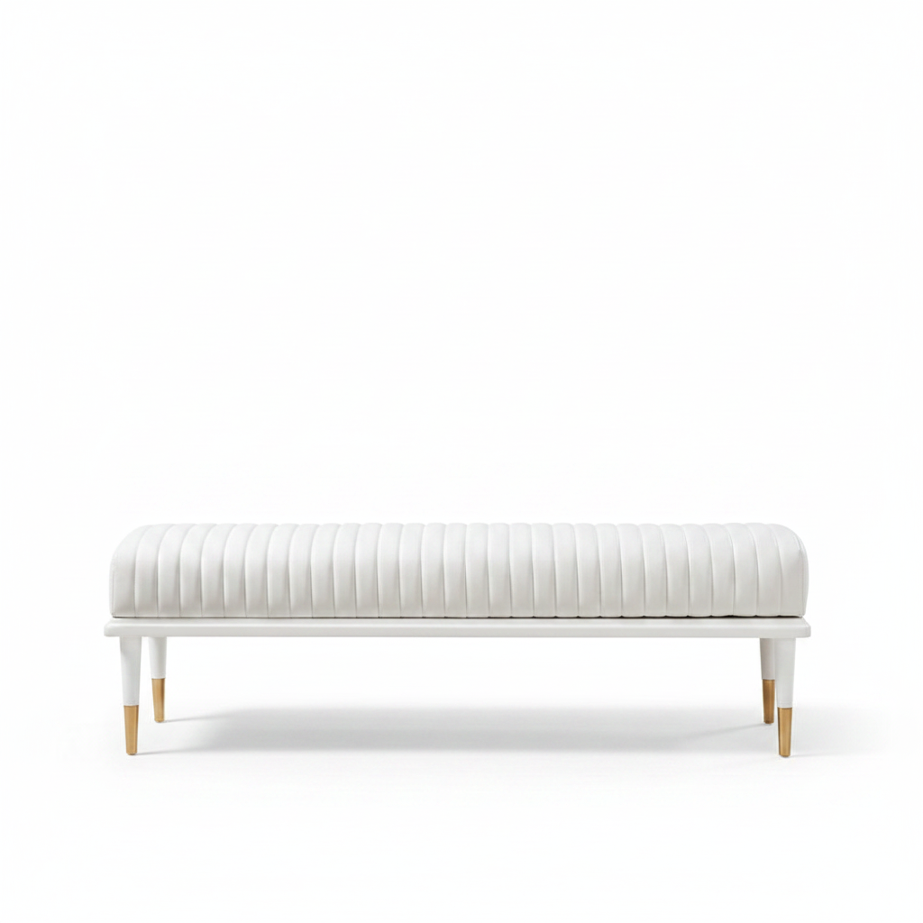 Stanford End-Of-Day Bench, shown in white with leather, wood, and backless armless bench.