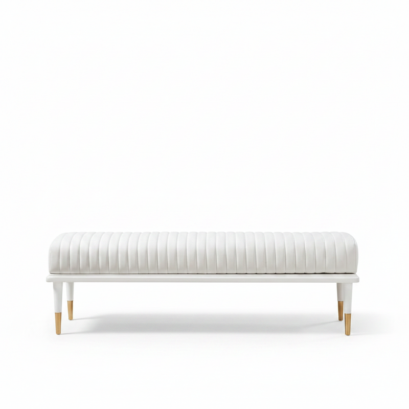 Stanford End-Of-Day Bench, shown in white with leather, wood, and backless armless bench.