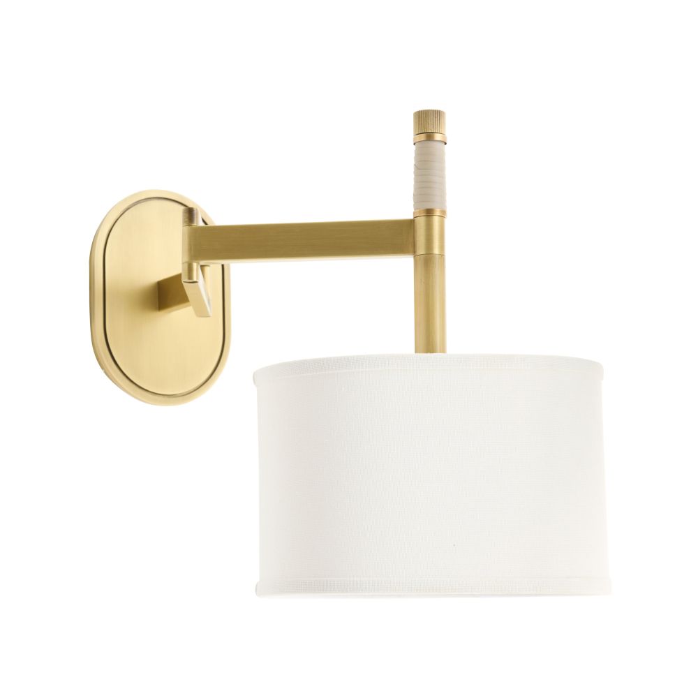 Oakridge Sconce, shown in brushed gold and white with metal, fabric, and wall-mounting hardware.
