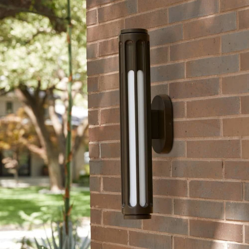 Alternate view of Benicio Outdoor Sconce, featuring matte finish, metal, frosted glass, and a wall-mounting backplate.