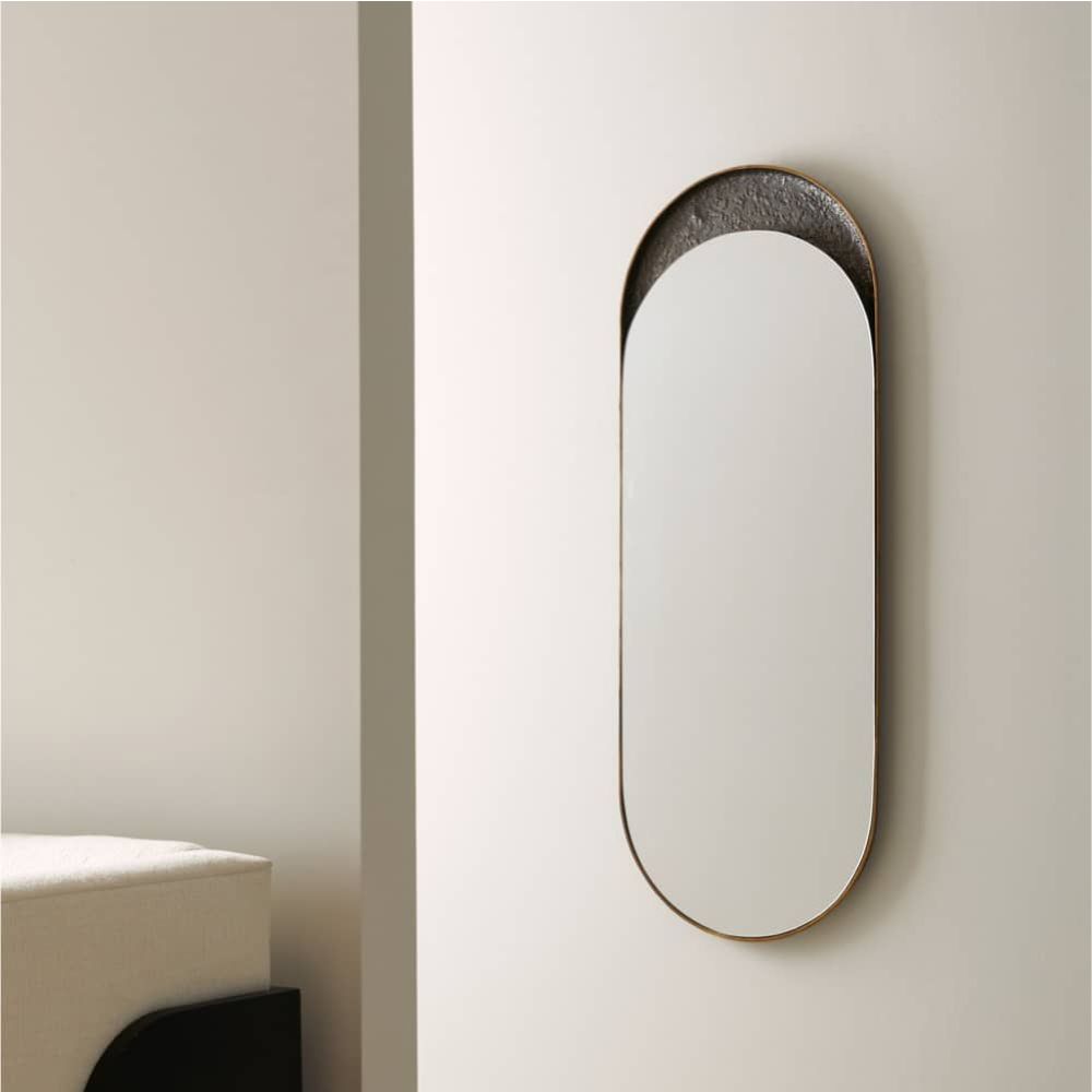 Alternate view of Benicio Long Mirror, featuring textured hammered finish, metal, glass, and wall-mounting.