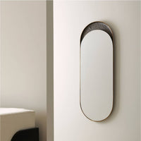 Alternate view of Benicio Long Mirror, featuring textured hammered finish, metal, glass, and wall-mounting.