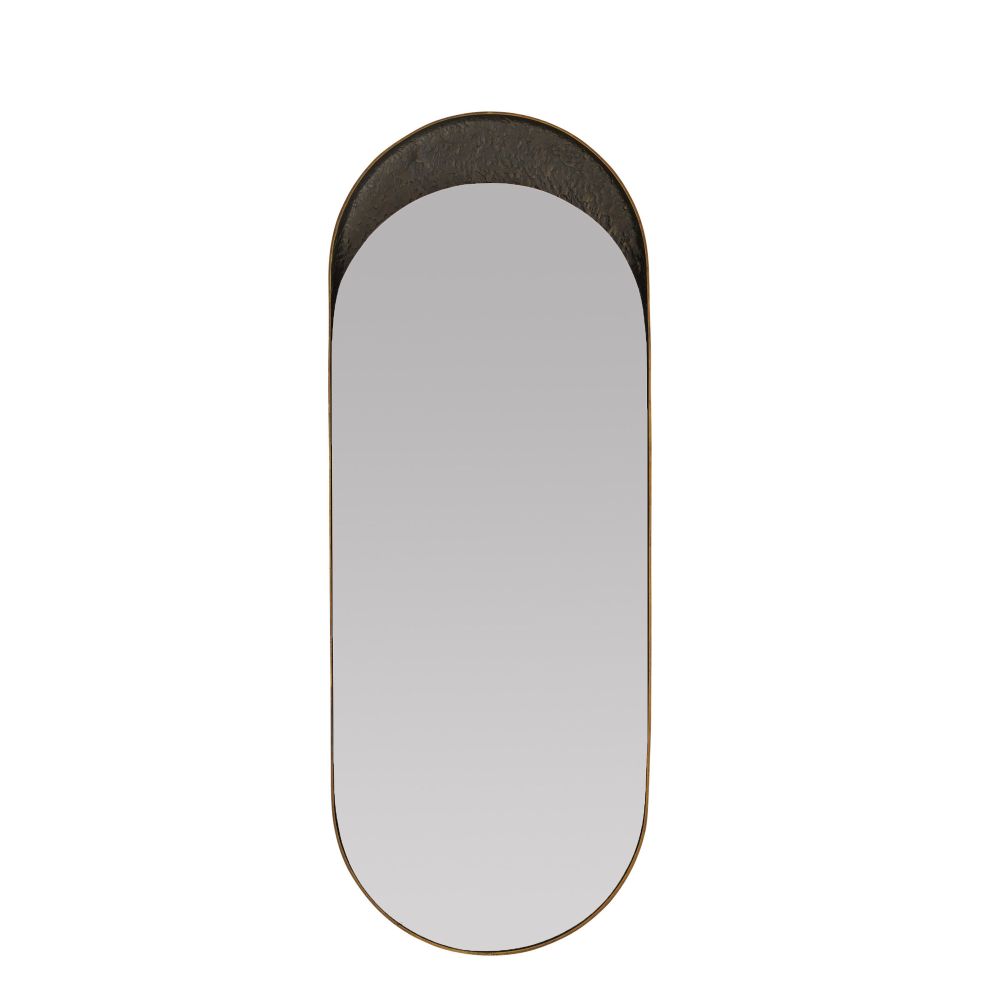 Benicio Long Mirror, shown in antique brass and dark bronze with metal, glass, and wall-mounting.