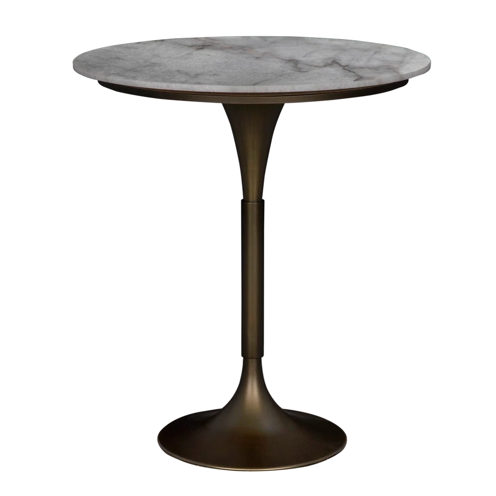 Jman Bar Table, shown in white and gray with marble, metal, and a single pedestal base.