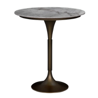 Jman Bar Table, shown in white and gray with marble, metal, and a single pedestal base.