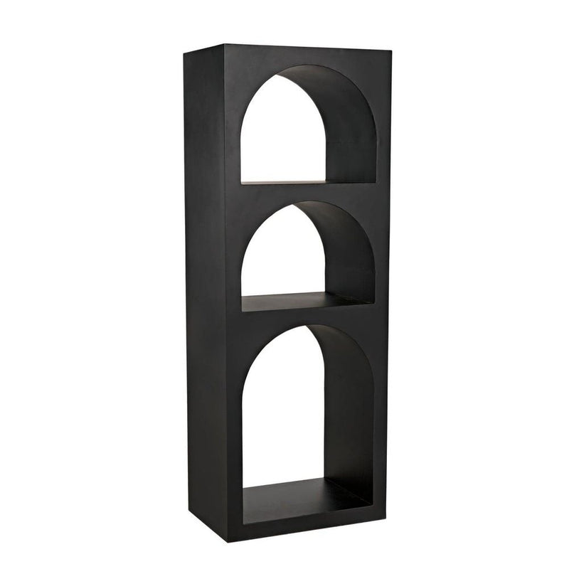 Aqueduct Bookcase, shown in black with metal and open arched display niches.