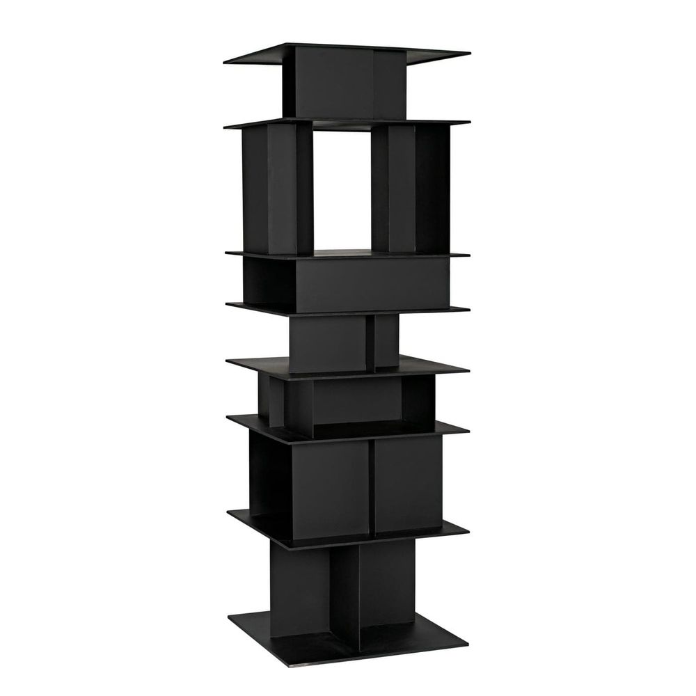 Pisa Shelf, shown in black with steel, iron, and multiple open shelving tiers.