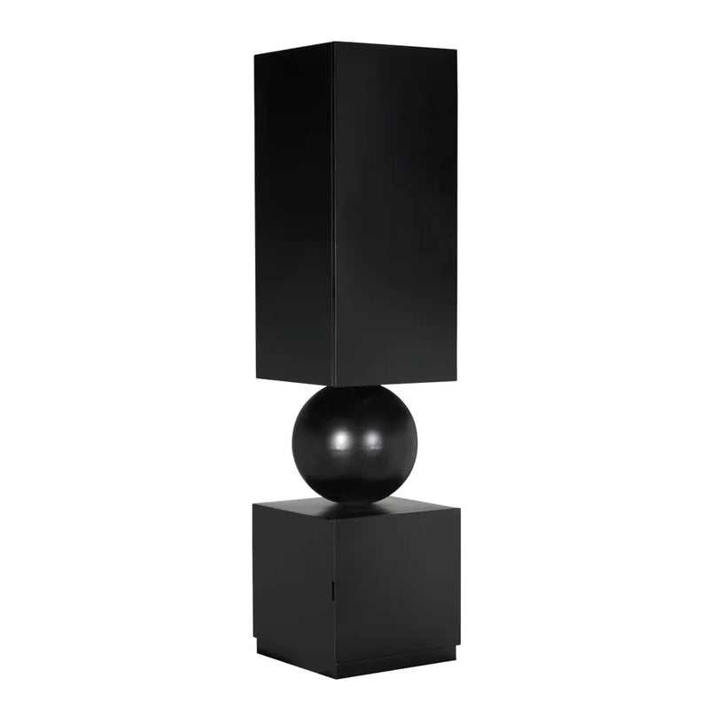 Pillar Cabinet, shown in black with wood, engineered wood, and integrated enclosed storage.