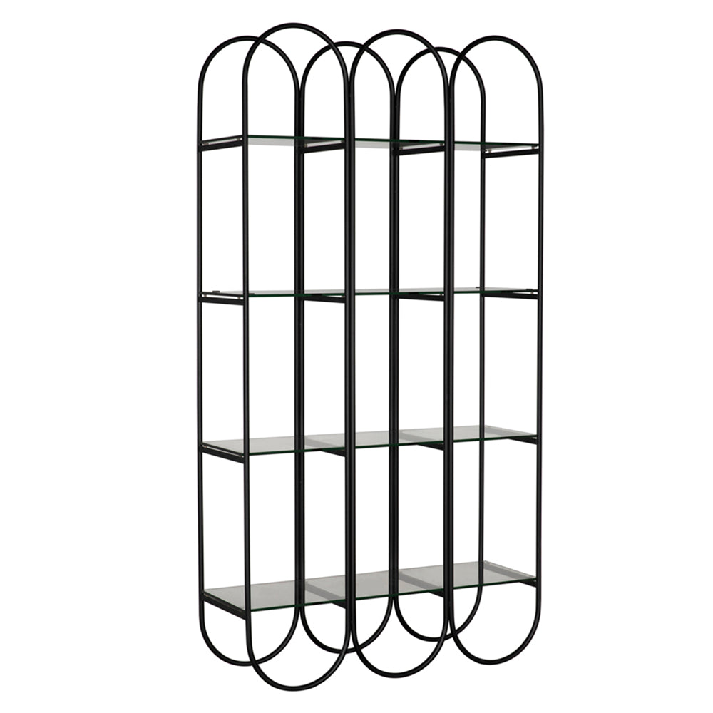 Alternate view of Ulla Bookcase, featuring metal, glass, and four-tier open glass shelving.