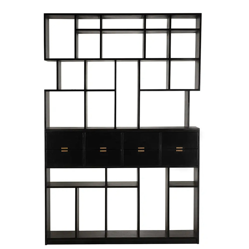 Grobius Bookcase, Hand Rubbed Black, shown in black with wood, brass hardware, and open display cubbies of mixed sizes.