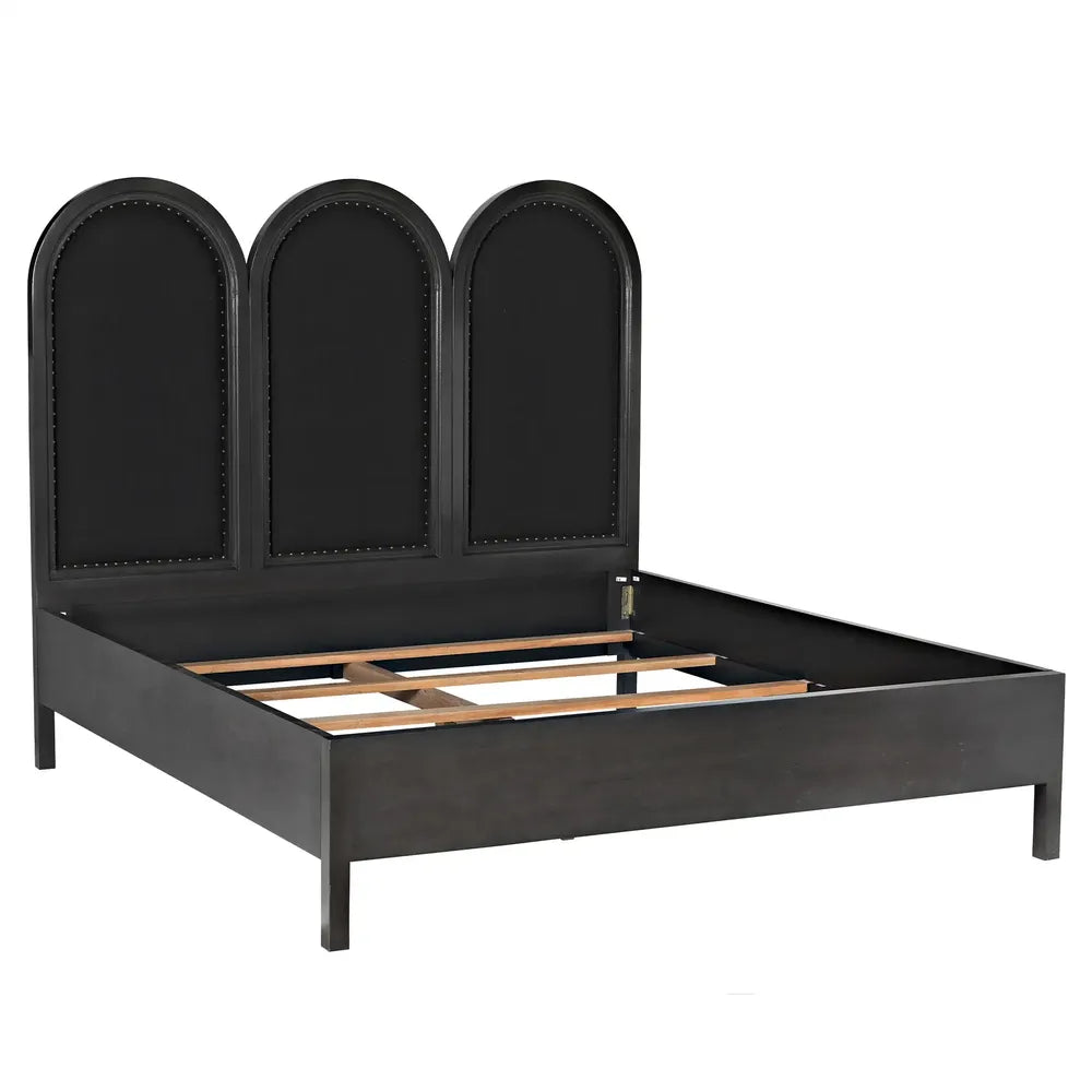 Alternate view of Triple Arch Bed, featuring upholstered, wood, fabric, and wooden mattress support slats.
