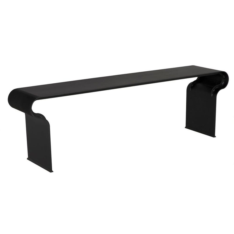 Jabali Bench, shown in black with metal and integrated continuous bent-metal legs.