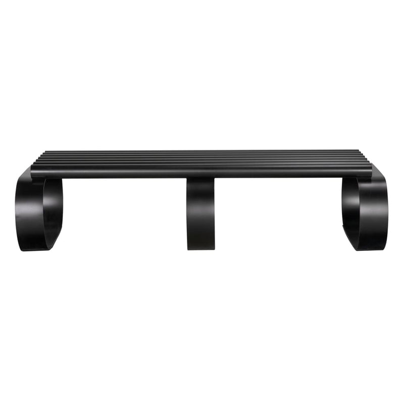 Satish Bench, shown in black with metal, iron, and a slatted open seat.