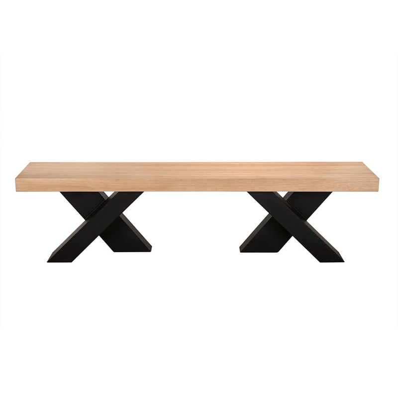 Gravity Bench, shown in light oak and black with white oak wood, metal, and backless bench seating.