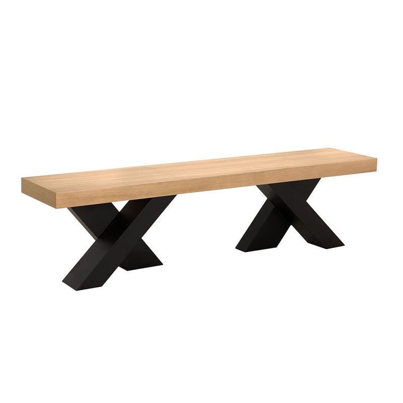 Alternate view of Gravity Bench, featuring white oak wood, metal, and backless bench seating.