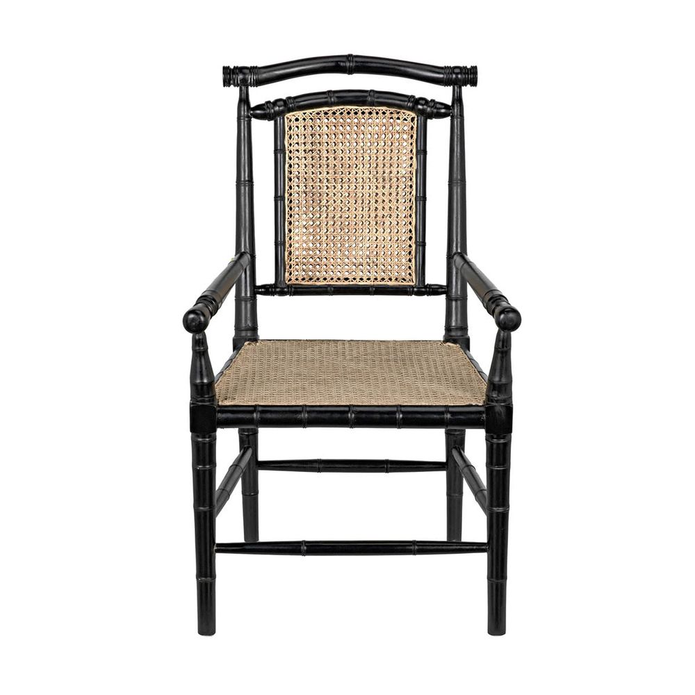 Colonial Bamboo Arm Chair, Hand Rubbed Black, shown in black with wood, cane, and fixed arms.