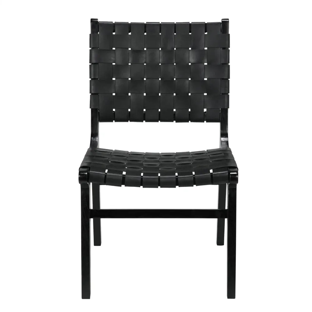 Dede Black Leather Dining Chair, shown in black with leather, wood, and armless.