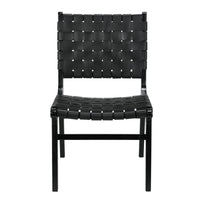 Dede Black Leather Dining Chair, shown in black with leather, wood, and armless.