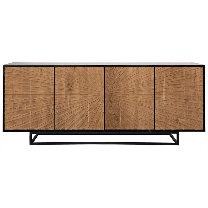 Ra Sideboard, shown in natural light brown wood and black with wood, teak veneer, and four-door cabinet storage.