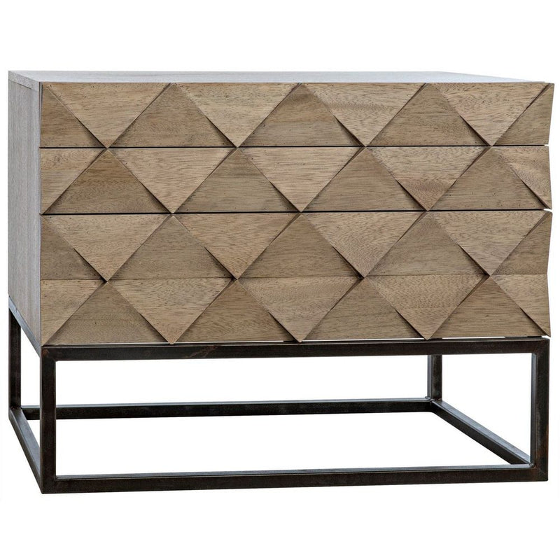 Draco Chest with Steel Stand, shown in light washed walnut brown and dark bronze-black with wood and steel.