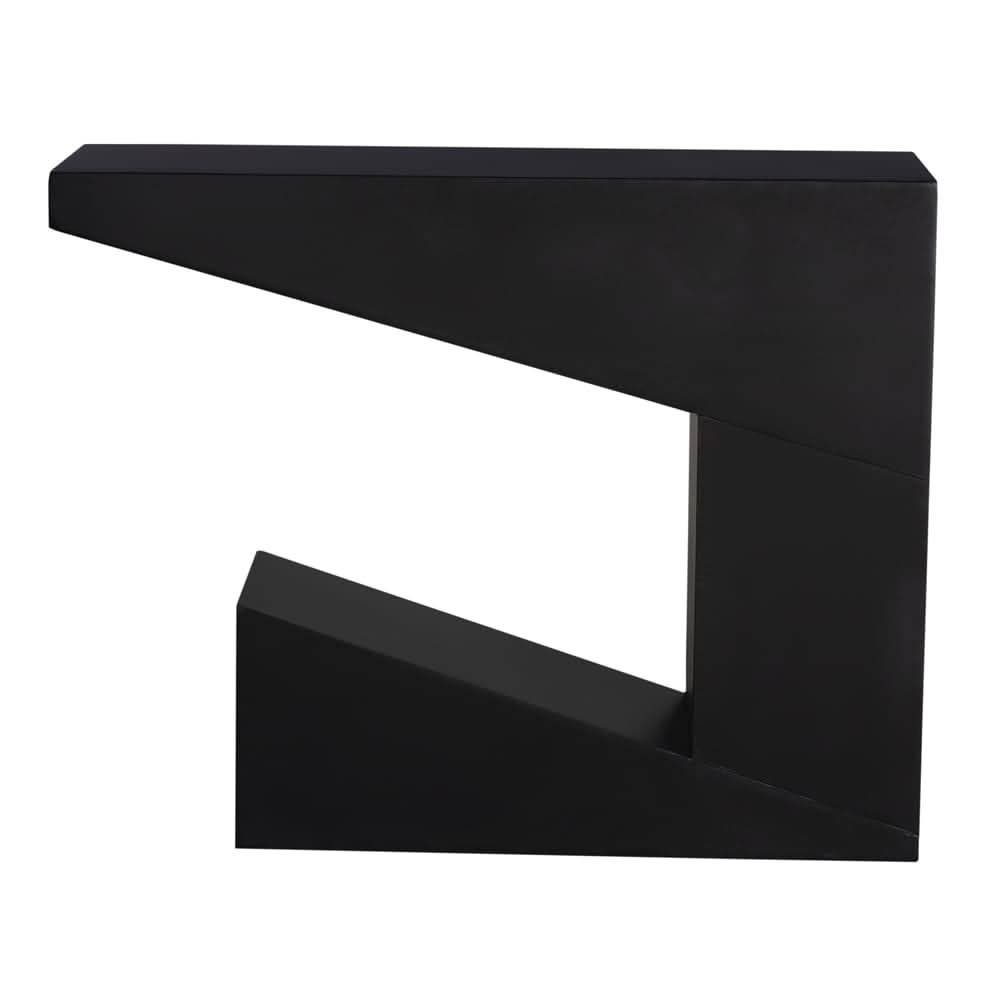 Devo Console, shown in black with wood, engineered wood, and a cantilevered top surface.