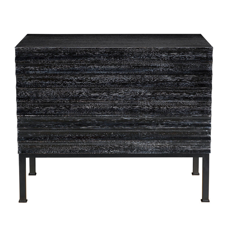 Arturo Bedside Chest, Black Walnut, shown in black and charcoal with wood, iron, and three stacked drawers.