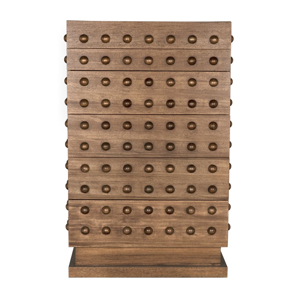Didier Cabinet, shown in medium walnut brown with wood and stacked multi-drawer storage.