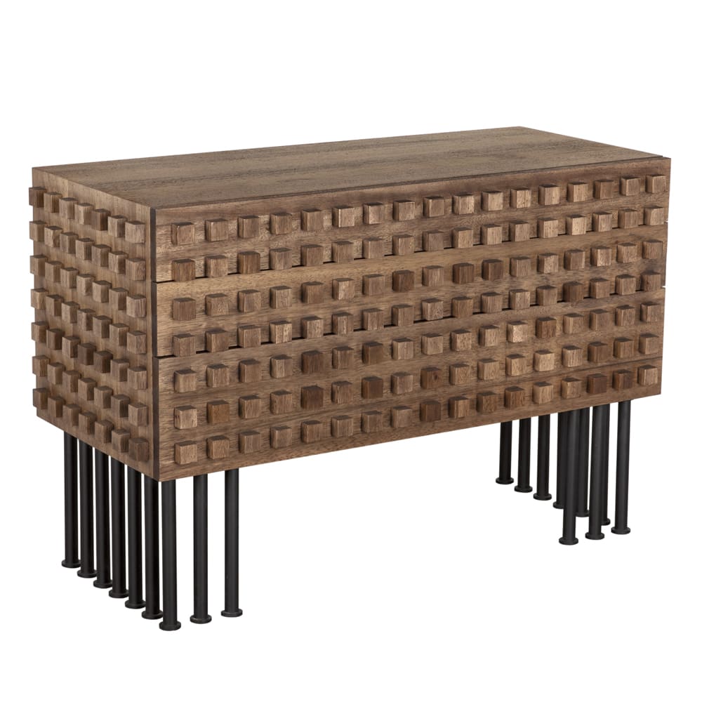 Alternate view of Wolfgang Sideboard, featuring matte black metal, wood, iron, and three stacked full-width drawers.