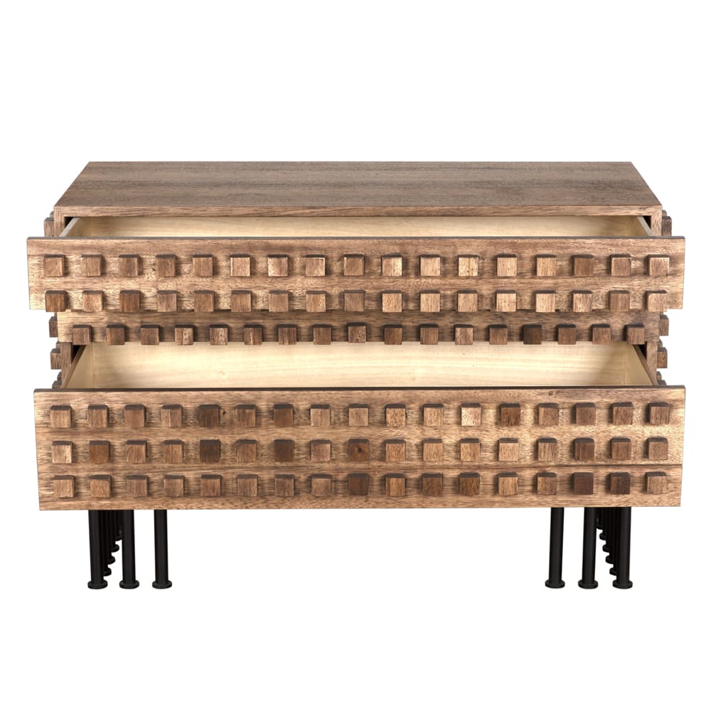 Additional view of Wolfgang Sideboard, featuring matte black metal, wood, iron, and three stacked full-width drawers.