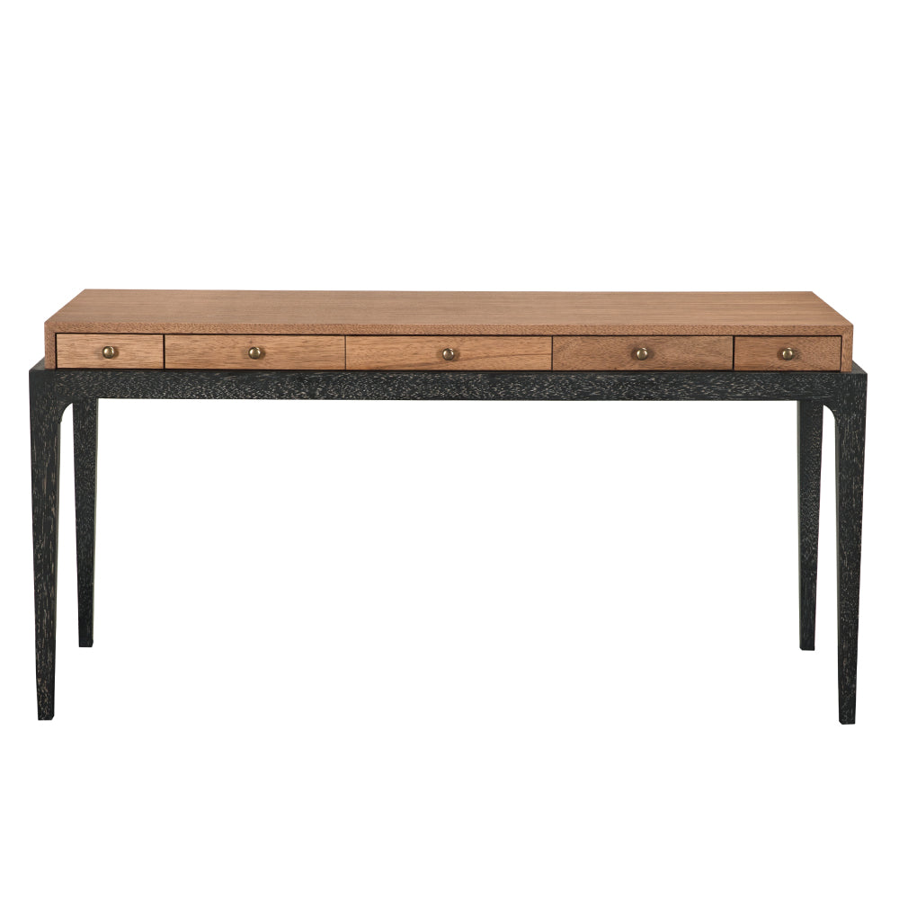 Memphis Desk, shown in light brown and black with wood, metal, and five front drawers with knobs.