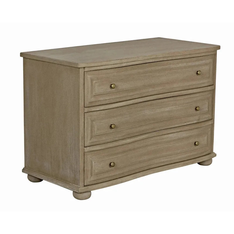 Alternate view of Lauren Dresser, featuring weathered finish, wood, metal, and three full-width drawers.