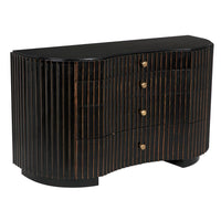 Irene Dresser, shown in black with wood, brass, and four stacked drawers.