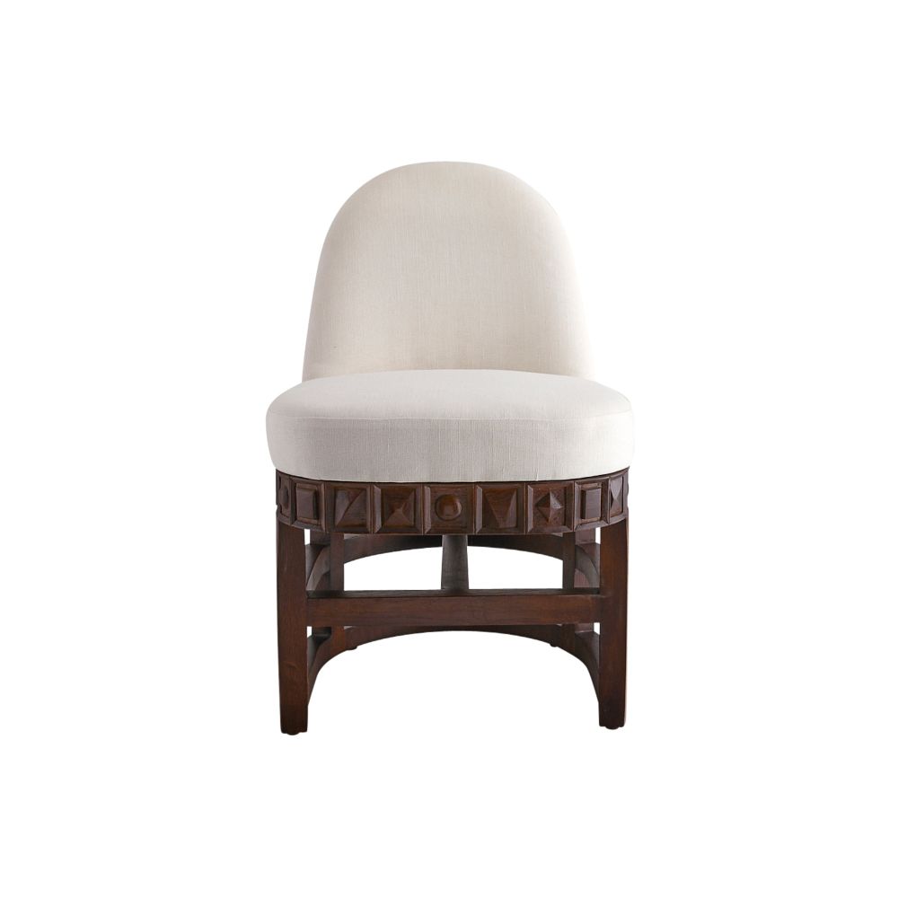 Truett Chair, shown in cream and dark brown with fabric, wood, and a swivel base.