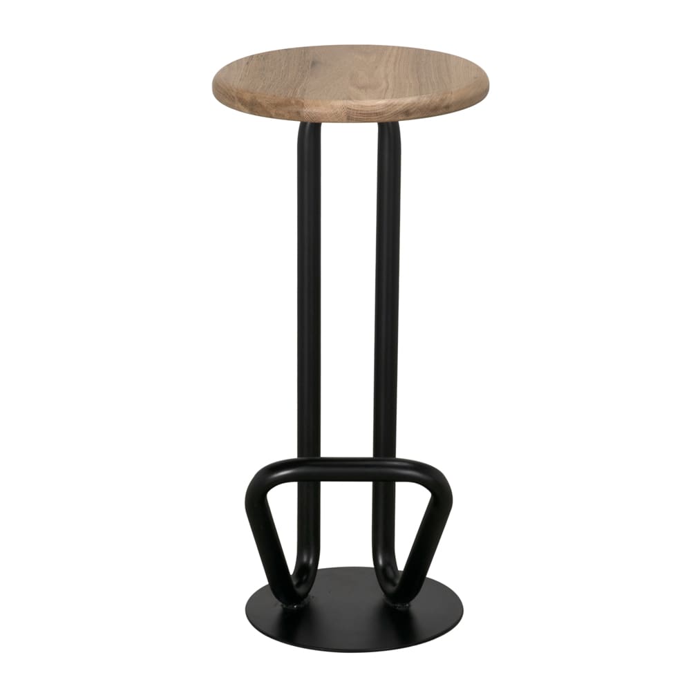 Hook Bar Stool, shown in black and light natural wood with wood, metal, and a backless armless seat.