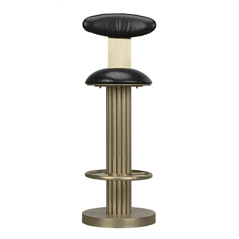 Sedes Bar Stool, shown in black and antique brass with leather, metal, and circular footrest ring.